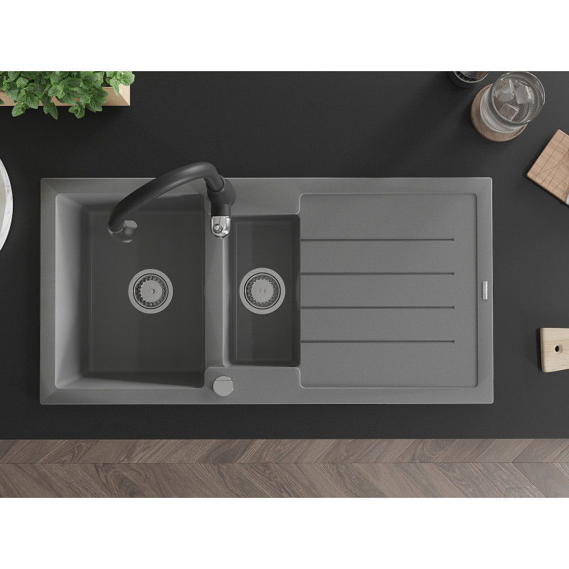 Mexen Andres žulový drez 1,5-komorový s odkvapkávačom a kuchynskou batériou Savita, sivý - 6515-71-672601-70