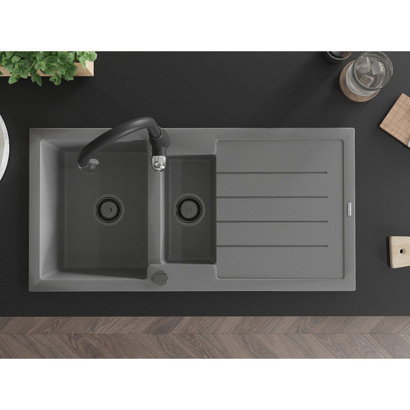 Mexen Andres žulový drez 1,5-komorový s odkvapkávačom a kuchynskou batériou Savita, sivý - 6515-71-672601-70-B