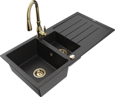 Mexen Andres žulový drez 1,5-komorový s odkvapkávačom a kuchynskou batériou Savita, čierny/strieborný - 6515-73-672601-50