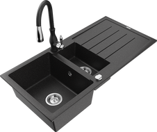 Mexen Andres žulový drez 1,5-komorový s odkvapom a kuchynskou batériou Savita, čierny/strieborný - 6515-73-672601-70