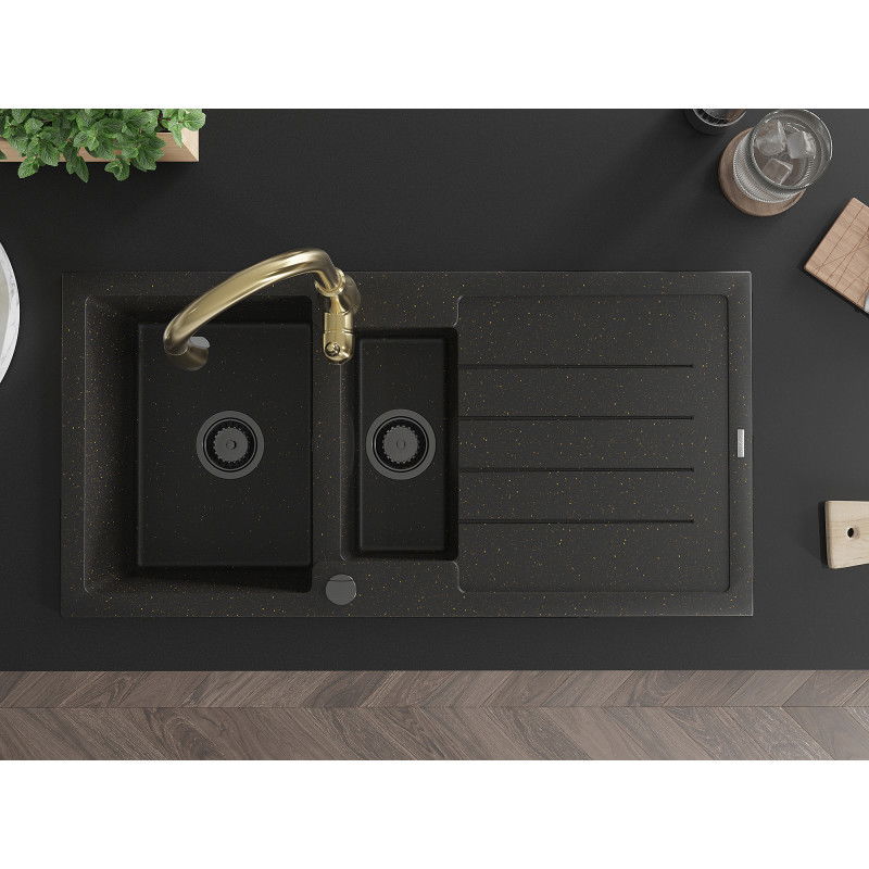 Mexen Andres žulový drez s 1,5 komorou s odkvapkávačom a kuchynskou batériou Savita, čierny/zlatý - 6515-75-672601-50-B