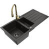 Mexen Andres žulový drez s 1,5 komorou s odkvapkávačom a kuchynskou batériou Savita, čierny/zlatý - 6515-75-672601-50-B