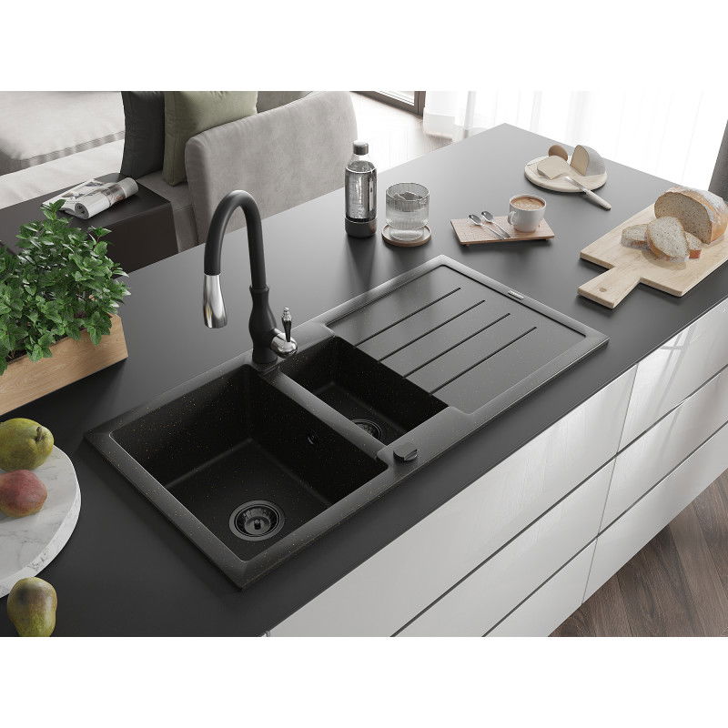 Mexen Andres žulový drez s 1,5 komory a odkvapkávačom a kuchynská batéria Savita, čierny/zlatý - 6515-75-672601-70-B