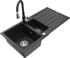 Mexen Andres žulový drez 1,5-komorový s odkvapkávačom a kuchynskou batériou Savita, čierny/zlatý metalický - 6515-75-672601-70