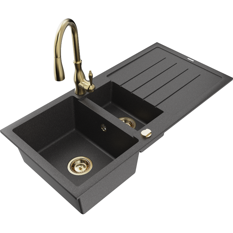 Mexen Andres granitový drez s 1,5 komorou a odkvapkávačom a kuchynskou batériou Savita, čierna bodkovaná