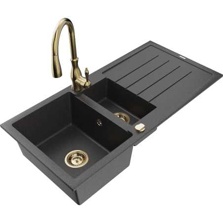 Mexen Andres granitový drez s 1,5 komorou a odkvapkávačom a kuchynskou batériou Savita, čierna bodkovaná