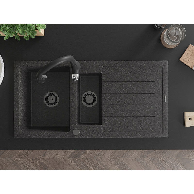 Mexen Andres granitový drez 1,5-komorový s odkvapkávačom a kuchynskou batériou Savita, čierny škvrnitý - 6515-76-672601-70-B