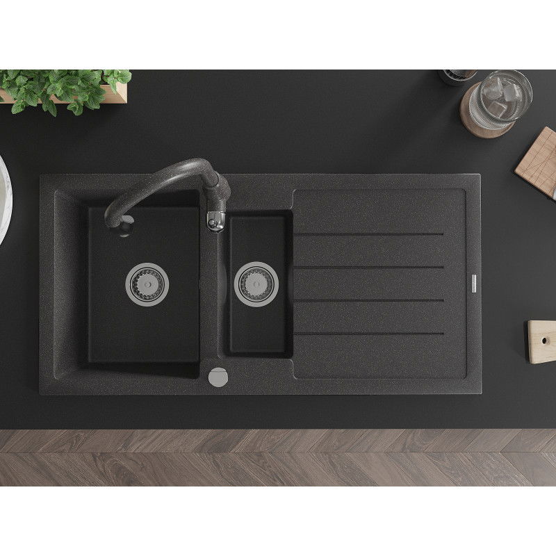 Mexen Andres granitový drez 1,5-komorový s odkvapkávačom a kuchynskou batériou Savita, čierny s bodkami