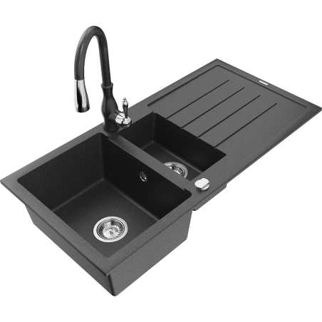 Mexen Andres granitový drez 1,5-komorový s odkvapkávačom a kuchynskou batériou Savita, čierny s bodkami