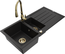 Mexen Andres granitový drez 1,5-komorový s odkvapkávacou plochou a kuchynskou batériou Savita, čierny - 6515-77-672601-50