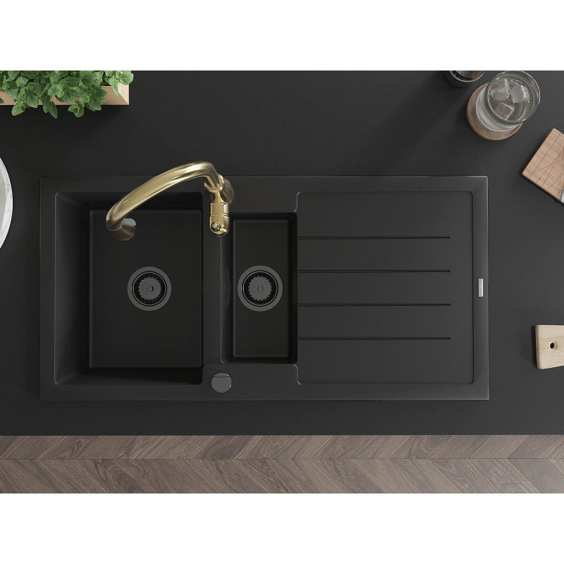 Mexen Andres žulový drez s 1,5-komorami s odkvapkávačom a kuchynskou batériou Savita, čierny - 6515-77-672601-50-B