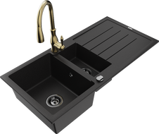 Mexen Andres žulový drez s 1,5-komorami s odkvapkávačom a kuchynskou batériou Savita, čierny - 6515-77-672601-50-B