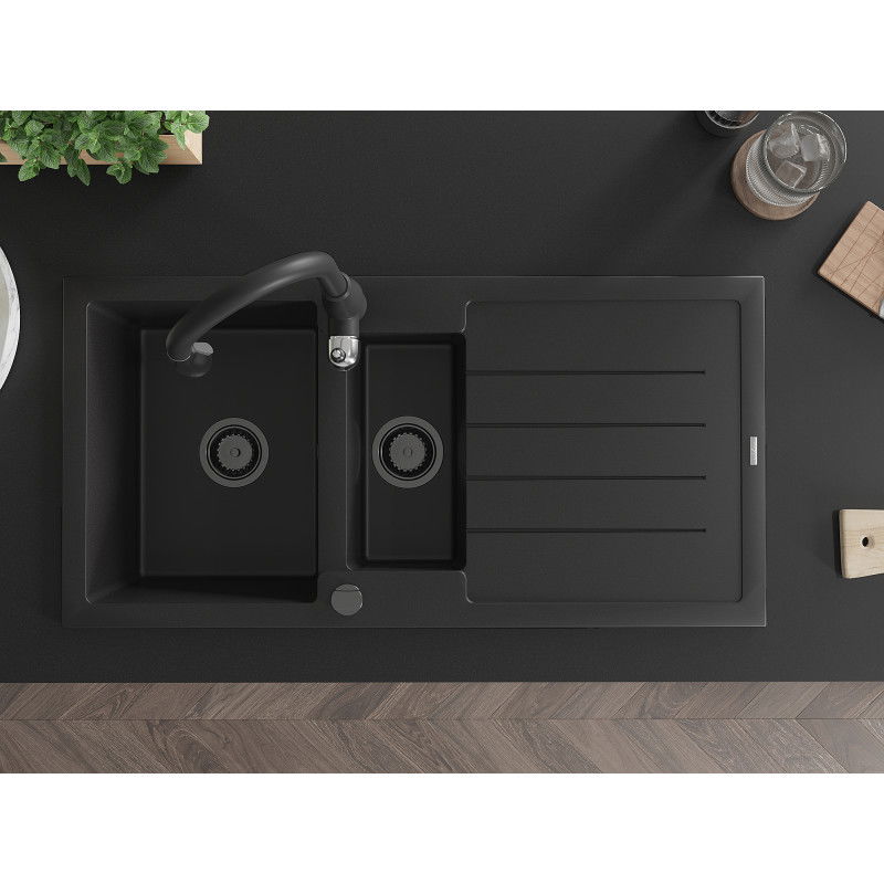 Mexen Andres žulový drez 1,5-komorový s odkvapkávačom a kuchynskou batériou Savita, čierny - 6515-77-672601-70-B