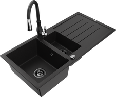 Mexen Andres žulový drez 1,5-komorový s odkvapkávačom a kuchynskou batériou Savita, čierny - 6515-77-672601-70-B