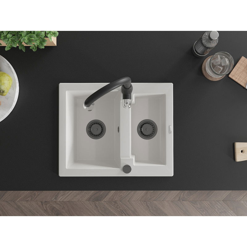 Mexen Carlos granitový drez 1,5-komorový s kuchynskou batériou Savita, biely - 6518-20-672601-70