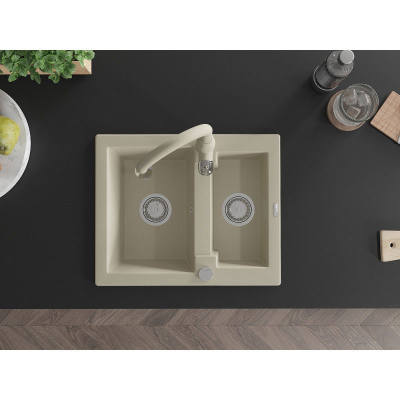 Mexen Carlos granitový kuchynský drez s 1,5 komorou a kuchynskou batériou Savita, béžový - 6518-69-672601-69