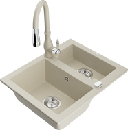 Mexen Carlos granitový kuchynský drez s 1,5 komorou a kuchynskou batériou Savita, béžový - 6518-69-672601-69
