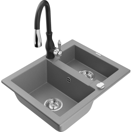 Mexen Carlos žulový drez 1,5-komorový s kuchynskou batériou Savita, sivý - 6518-71-672601-70