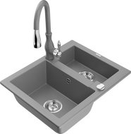 Mexen Carlos granitový drez 1,5-komorový s kuchynskou batériou Savita, sivý - 6518-71-672601-71