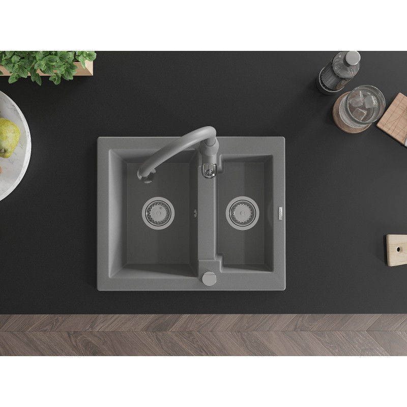 Mexen Carlos granitový drez 1,5-komorový s kuchynskou batériou Savita, sivý - 6518-71-672601-71