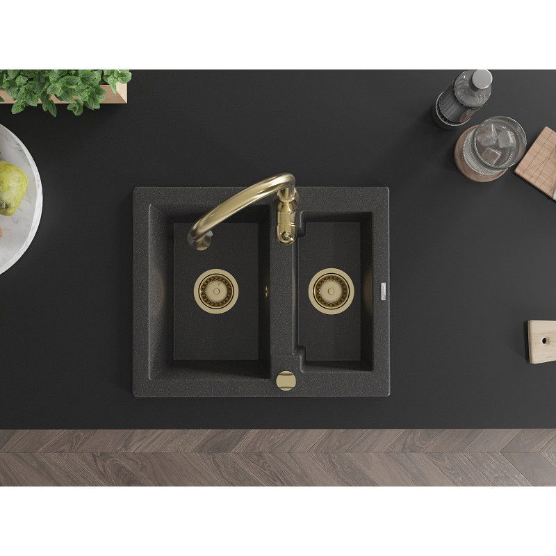 Mexen Carlos žulový drez 1,5-komorový s kuchynskou batériou Savita, čierny s bielymi škvrnami - 6518-76-672601-50