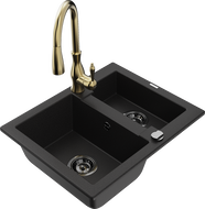 Mexen Carlos žulový drez 1,5-komorový so zlatou kuchynskou batériou Savita, čierny - 6518-77-672601-50-B