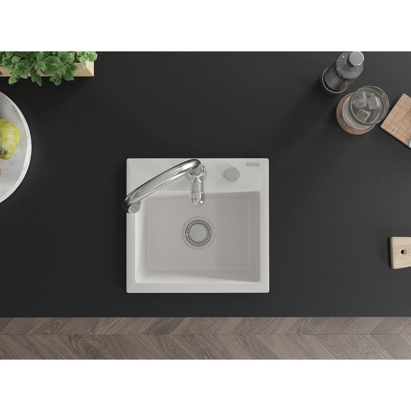 Mexen Milo žulový drez 1-komorový s kuchynskou batériou Savita, biely - 6505-20-672601-00