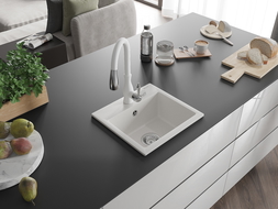 Mexen Milo kuchynský drez z granitu s 1 komorou s kuchynskou batériou Savita, biela - 6505-20-672601-20