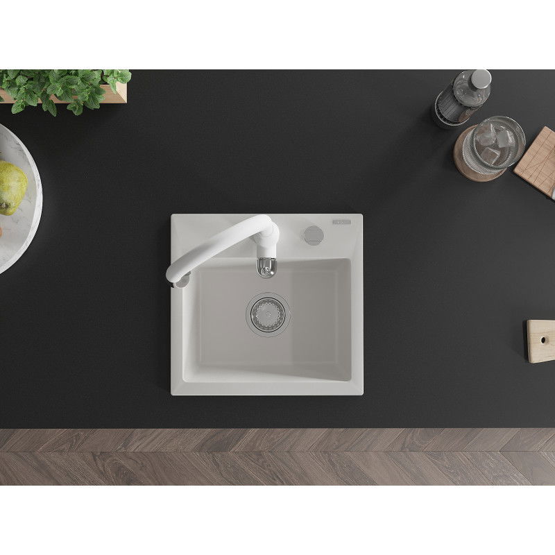 Mexen Milo kuchynský drez z granitu s 1 komorou s kuchynskou batériou Savita, biela - 6505-20-672601-20
