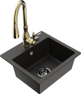 Mexen Milo jednokomorový žulový drez s kuchynskou batériou Savita, čierny/zlatý metalik- 6505-75-672601-50-B