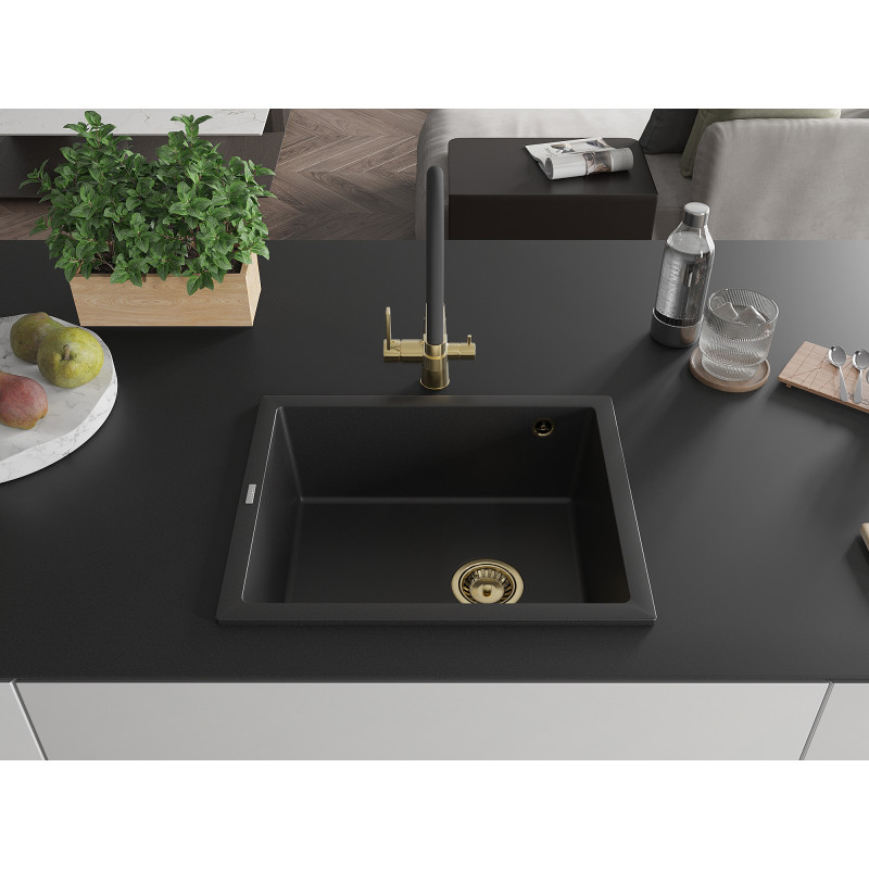 Mexen Pedro Granitový drez 1-komorový 560 x 460 mm, čierny, zlatý sifón - 6508561000-77-G