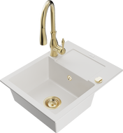 Mexen Enzo žulový 1-komorový drez s odkvapkávačom a kuchynskou batériou Savita, biely - 6506-20-672601-50