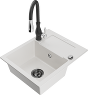 Mexen Enzo žulový drez 1-komorový s odkvapkávačom a kuchynskou batériou Savita, biela - 6506-20-672601-70