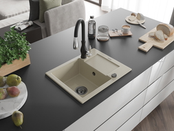 Mexen Enzo granitový drez 1-komorový s odkvapkávačom a kuchynskou batériou Savita, béžový - 6506-69-672601-70