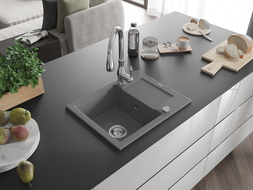 Mexen Enzo žulový kuchynský drez s 1-komorou a odkvapkávačom a kuchynskou batériou Savita, sivý - 6506-71-672601-00