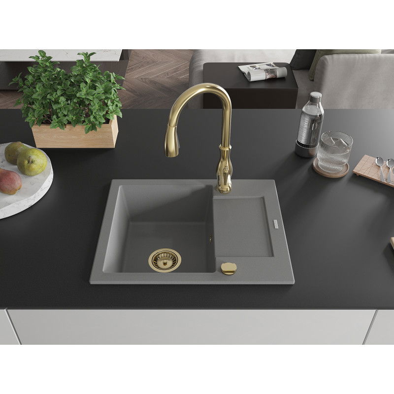 Mexen Enzo žulový drez s 1 komorou a odkvapkávačom a kuchynská batéria Savita, šedá - 6506-71-672601-50