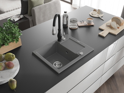 Mexen Enzo žulový drez s 1 komorou a odkvapkávačom a kuchynská batéria Savita, šedá - 6506-71-672601-70