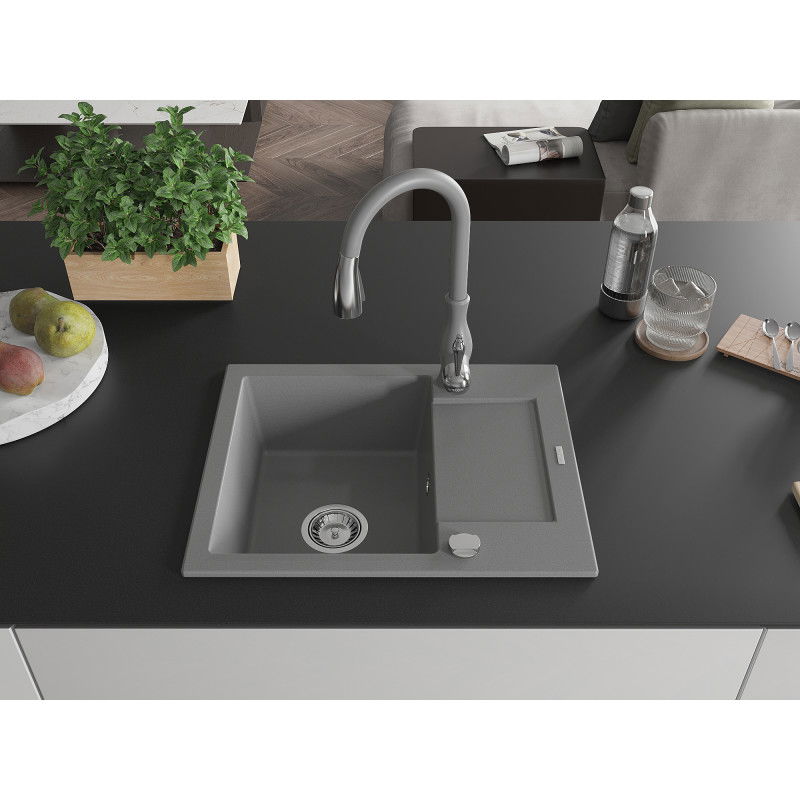 Mexen Enzo granitový kuchynský drez 1-komorový s odkvapkávačom a kuchynskou batériou Savita, sivý - 6506-71-672601-71