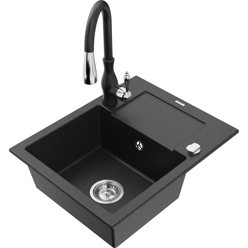 Mexen Enzo jednokomorový žulový drez s odkvapkávacou plochou a kuchynskou batériou Savita, čierny/strieborný metalický