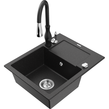 Mexen Enzo jednokomorový žulový drez s odkvapkávacou plochou a kuchynskou batériou Savita, čierny/strieborný metalický