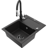Mexen Enzo Granitový kuchynský drez s odkvapkávačom a kuchynskou batériou Savita, čierny/strieborný metalický