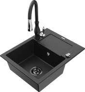 Mexen Enzo Granitový kuchynský drez s odkvapkávačom a kuchynskou batériou Savita, čierny/strieborný metalický