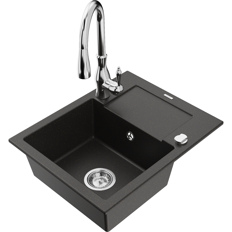 Mexen Enzo granitový drez 1-komorový s odkvapkávačom a kuchynskou batériou Savita, čierny/zlatý metalizovaný