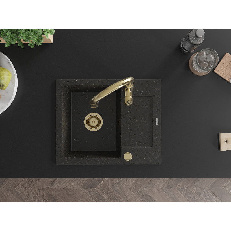 Mexen Enzo granitový drez s odkvapkávačom a kuchynskou batériou Savita, čierny/zlatý metalik - 6506-75-672601-50