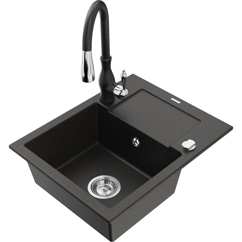 Mexen Enzo granitový drez 1-komorový s odkvapkávacou plochou a kuchynskou batériou Savita, čierny/zlatý metalický