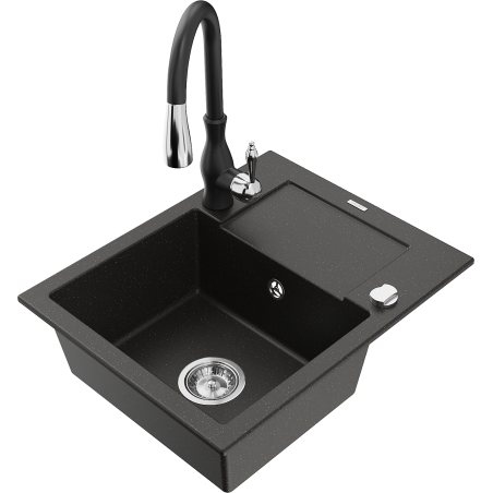 Mexen Enzo granitový drez 1-komorový s odkvapkávacou plochou a kuchynskou batériou Savita, čierny/zlatý metalický
