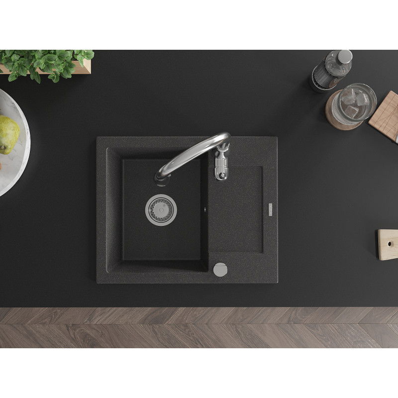 Mexen Enzo granitový drez 1-komorový s odkvapkávačom a kuchynskou batériou Savita, čierny škvrnitý - 6506-76-672601-00