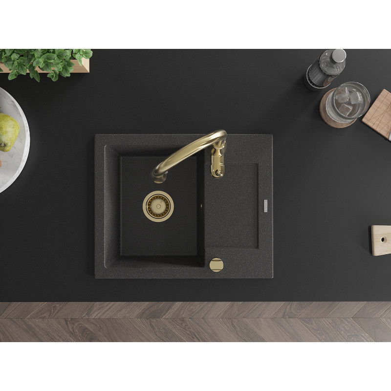 Mexen Enzo jednokomorový kuchynský drez s odkvapkávačom a kuchynskou batériou Savita, čierny strakatý - 6506-76-672601-50