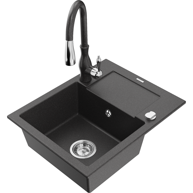 Mexen Enzo jednokomorový žulový drez s odkvapkávačom a kuchynskou batériou Savita, čierny s bodkami - 6506-76-672601-76