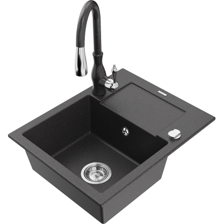 Mexen Enzo jednokomorový žulový drez s odkvapkávačom a kuchynskou batériou Savita, čierny s bodkami - 6506-76-672601-76